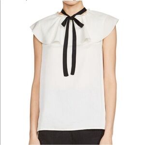 Maje Lierro Ruffle Overlay Top Ivory White Sheer Bow Tie Sleeveless Blouse